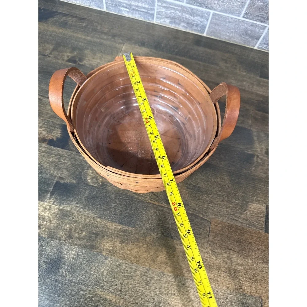 Longaberger 1991 Handwoven Round Basket with Leather Handles and Plastic Liner